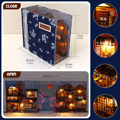 DIY Book Nook Kit with LED Light 3D Wooden Puzzle Bookend Miniature Dollhouse Model Building Set Craft Retro Home Decor