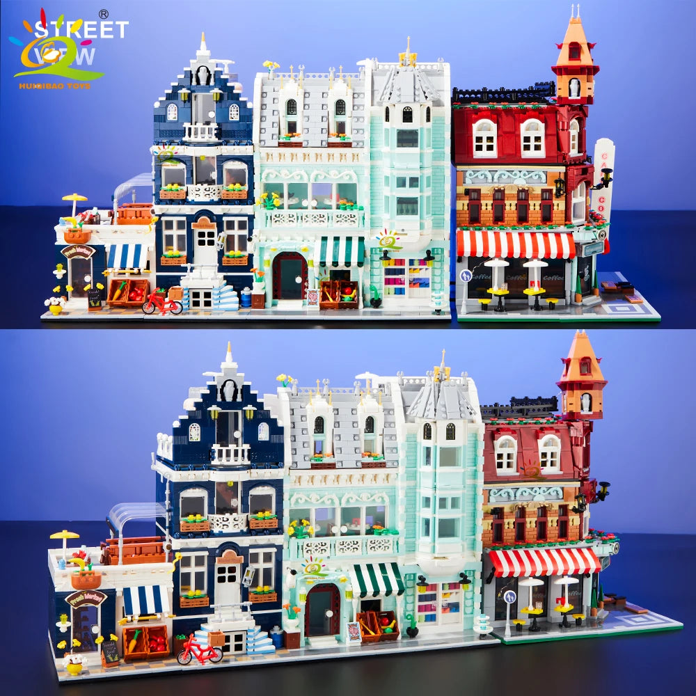 HUIQIBAO Toys MOC City Corner Coffee Shop Architecture Style Street View Micro Building Blocks for Children Construction Bricks