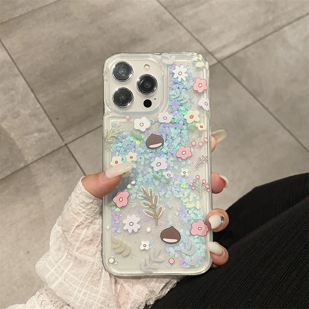 Silicone Bling Glitter Clear Phone Case For iPhone 16 15 14 13 12 Pro Max 11 Dynamic Liquid Quicksand Cover Flowers Pattern