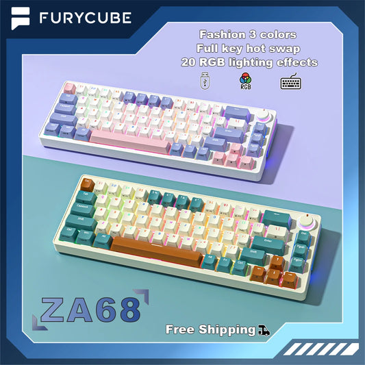 FuryCube ZA68 Pro(EN/RU)  68 Keys Mechanical Keyboard Hot Swappable 3 Modes PBT RGB 65% Gaming Keyboards Linear Switch