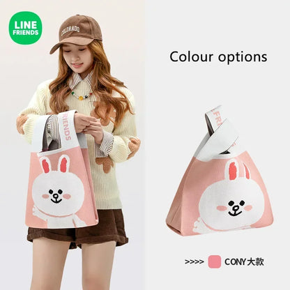 LINE FRIENDS Cony Brown Anime Kawaii Large Capacity Bag Women Work Coin Storage Wrist Bag Cartoon Shoulder Knitted Handbag Gift