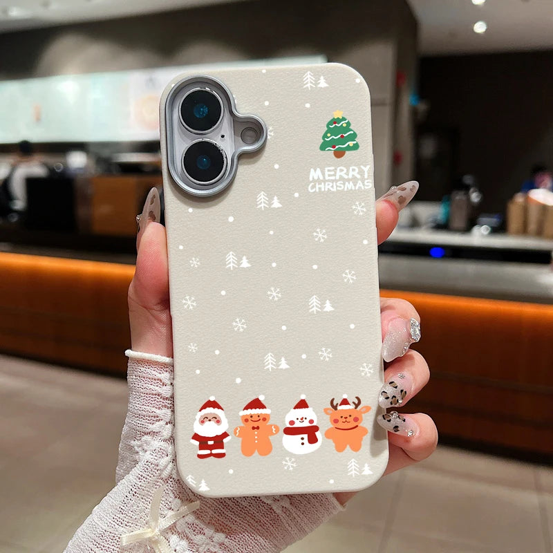 Leather Texture Christmas New Year Case For iPhone 16 15 Pro Max 14 16 Plus 13 12 Pro Max 11 Shockproof Soft TPU Phone Cover