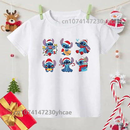 Merry Christmas Lilo Stitch Kids Tshirts Baby Holiday T-Shirt Tees Girls Party T Shirt with Clothes Kids Fashion Tops Tshirt