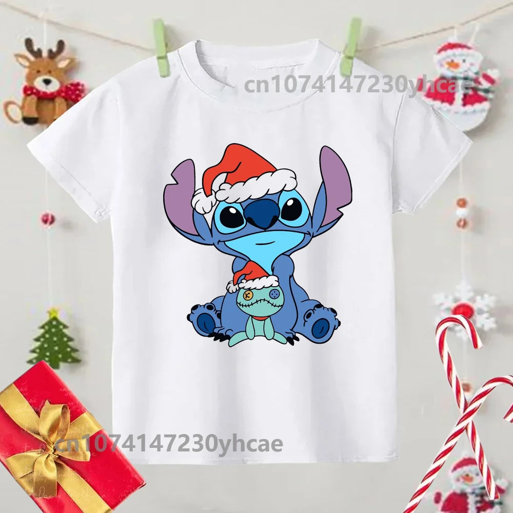 Merry Christmas Lilo Stitch Kids Tshirts Baby Holiday T-Shirt Tees Girls Party T Shirt with Clothes Kids Fashion Tops Tshirt