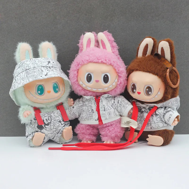 Labubu 17cm Doll Figurine Suitable Clothes Trendy Cute Printed Graffiti Hoodie Cardigan Fisherman Hat Strap Pants Christmas Gift