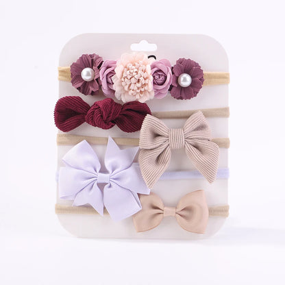 Sweet Elastic Headbands for Baby Girl New Bowknot Knit Nylon Headbands 5Pcs/set Pretty Flower Hairbands Decoration Headwear