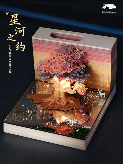 3D Stereo Note Paper Building Model Couple Cherry Blossom