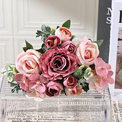 7 Heads Artificial Peony Flowers Silk Rose Hydrangea Bride Bouquet Home Room Table Decoration Party Wedding Christmas Fake Plant