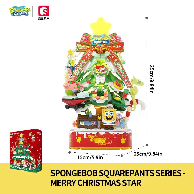 SpongeBob SquarePants Building Blocks Merry Christmas Tree Music Box Bricks Light Desktop Decoration Assembly Toys For Kids Gift