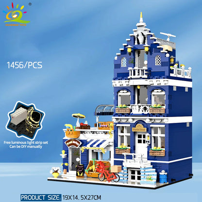 HUIQIBAO Toys MOC City Corner Coffee Shop Architecture Style Street View Micro Building Blocks for Children Construction Bricks