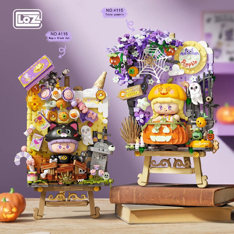 LOZ Mini Creative Pumpkin Fluorescence Easel Building Blocks Halloween Kitty Puzzle Assembly Toy Bricks Children Christmas Gifts