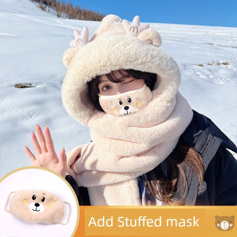 Cute Bear Hat Heattech Scarf Integrated Hooded Women's Autumn and Winter Heattech Gloves Thick Fleece Three-Piece Set