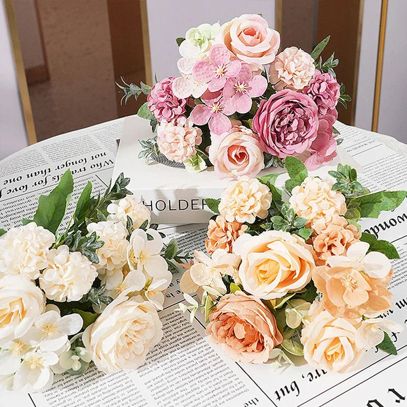 7 Heads Artificial Peony Flowers Silk Rose Hydrangea Bride Bouquet Home Room Table Decoration Party Wedding Christmas Fake Plant