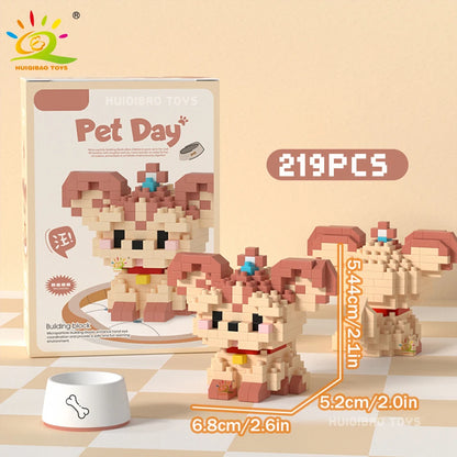 HUIQIBAO MINI Working Cat Pet Dog Micro Model Building Block Set Kids City Cartoon Animal Diamond Bricks Educational Toys Adult