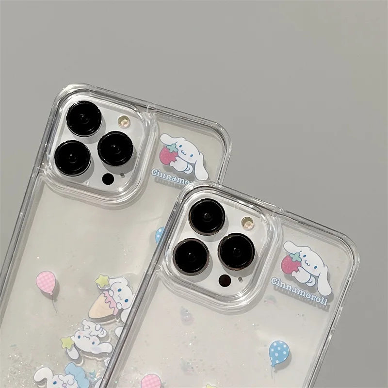 INS Kawaii Cinnamoroll Quicksand Bling Phone Case For iPhone 16 15 14 Pro Max 13 12 11 X XS Max XR Lovely Anti-drop Cover