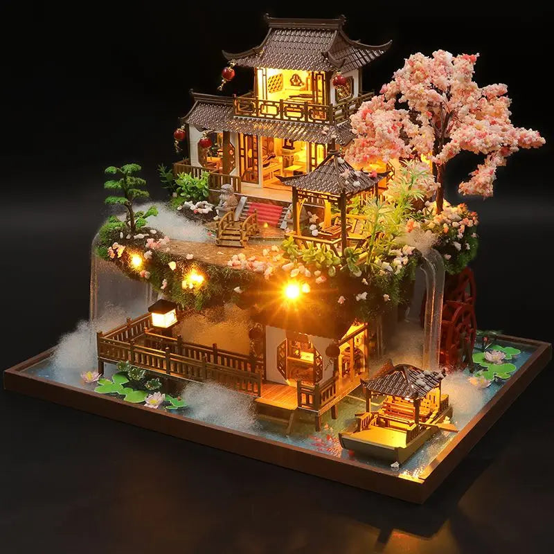 DIY Wooden Miniature Building Kit Doll Houses with Furniture Chinese Ancient Casa Dollhouse Handmade Toys for Girls Xmas Gifts