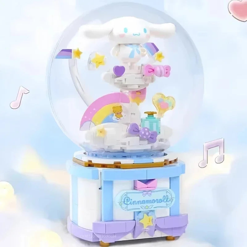 Sanrio Series Building Blocks Cinnamoroll Rotating Music Box Model Bricks Desktop Decoration Kids DIY Toys Idea Holiday Gifts