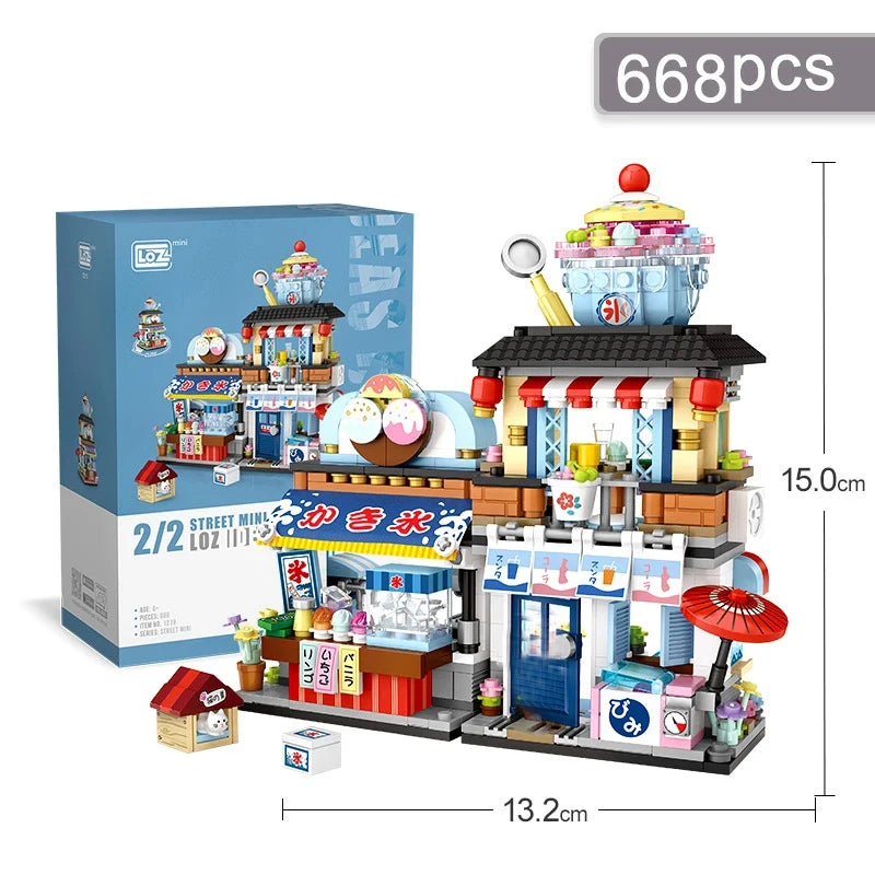 Street View Series Building blocks Izakaya Shaved Ice Shop Takoyaki Shop Coffee shop Panda Tea House model children's gift