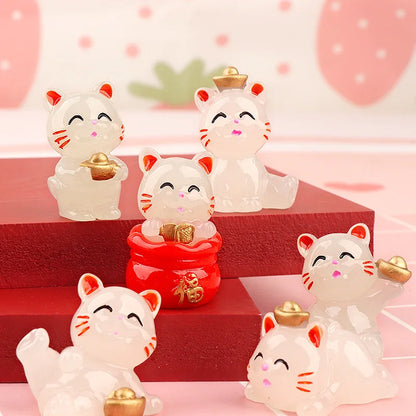 6PCS Creative Glowing Fortune Lucky Cat Micro Landscape DIY Decoration Luminous Cat Mini Figurines Car Office Desktop Ornaments