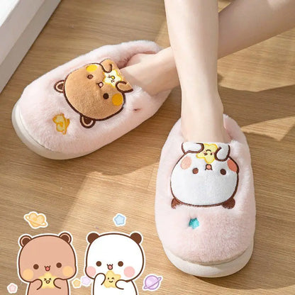 Anime Bubu Dudu Bear Plush Slipper Cartoon Couple Slippers Winter Leisure Home Outdoor Anti Slip Thick Bottom Cotton Shoes Warm