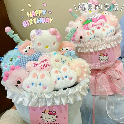 New Sanrio Hello Kitty Plush Doll Bouquet Flowers Anime Cartoon Fashion Plush Flower Room Christmas Birthday Girl Holiday Gifts