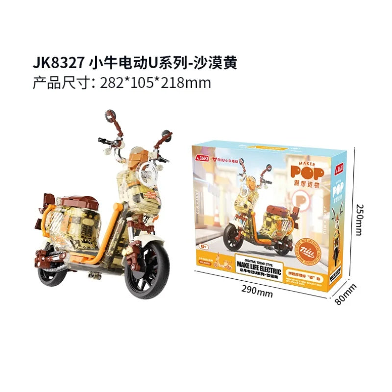 Genuine JAKI Building Blocks Motorcycle Models With Lights Electric Bicycle Toys Trendy Ornaments Girls New Year Gifts