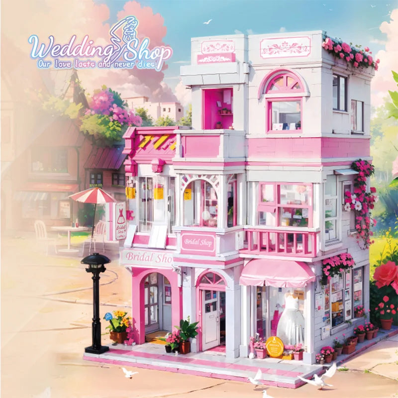 Creative Street View Wedding Salon Manor Garden House Coffee Shop Model Building Blocks City Architecture Mini Bricks Toys Gifts