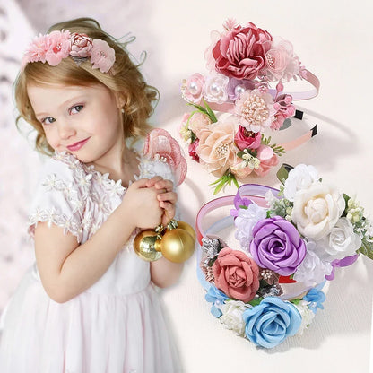 Handmade Head Flower Girls Headbands Baby Hairband Pearl Feather Wedding Princess Kids Dance Party Headwear Newborn Accessories