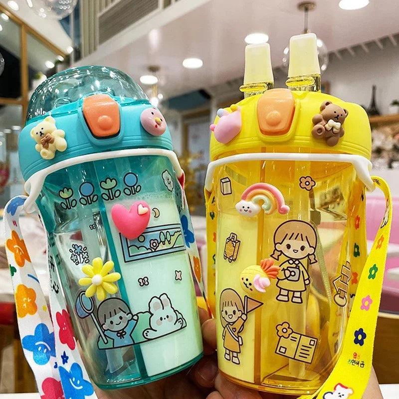 430ml Cute Children Double Drinking Water Bottle Straw Portable Student Couple Plastic Cup Gift School Kids