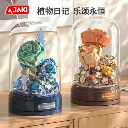 Jaki Building Block Flower Preserved Fresh Flower Rotating Music Box Rose Bouquet Assembled Toy Music Box Girl Gift