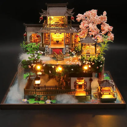 DIY Wooden Miniature Building Kit Doll Houses with Furniture Chinese Ancient Casa Dollhouse Handmade Toys for Girls Xmas Gifts