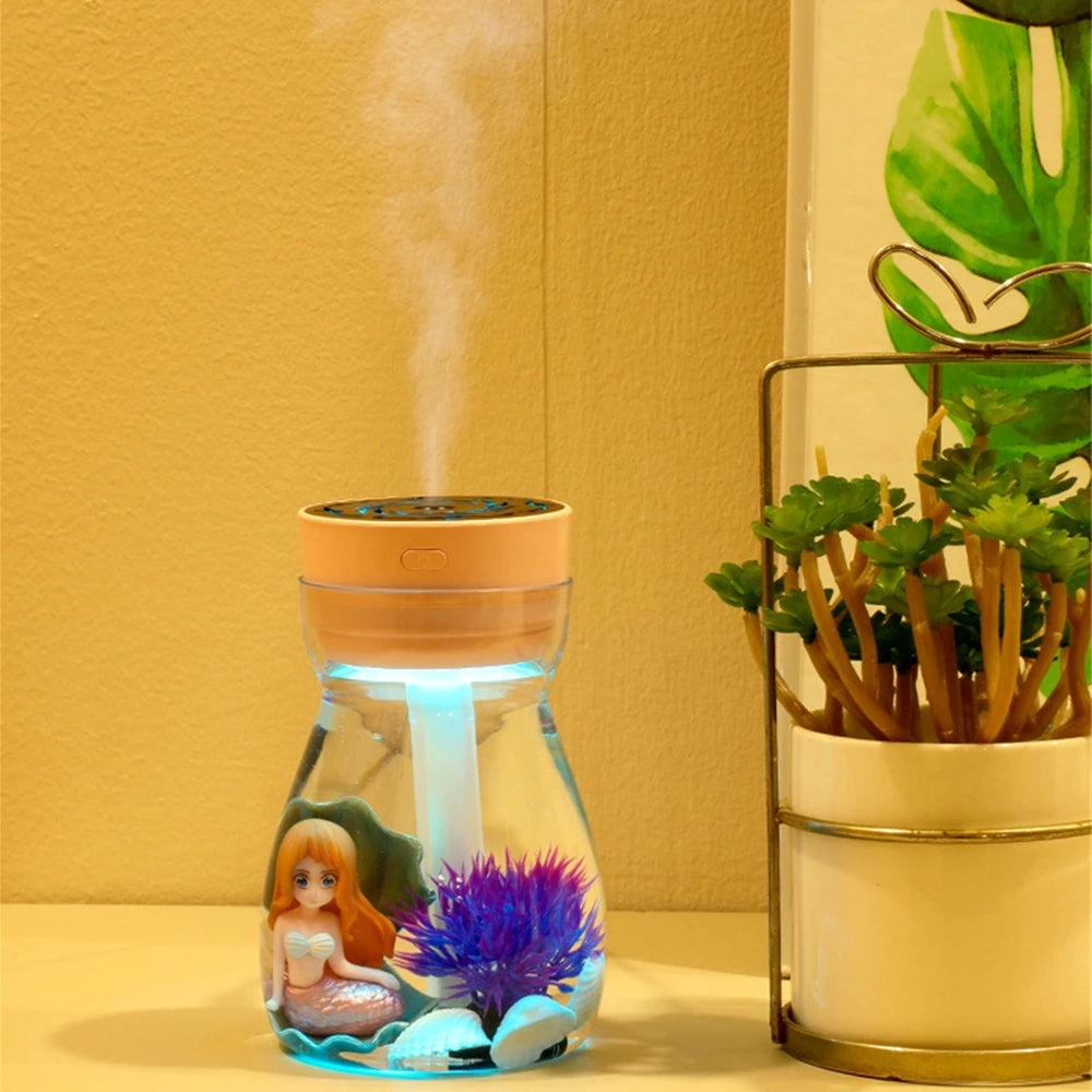 Mini Portable Air Humidifier Mermaid Landscape USB Mist Sprayer Aroma Oil Diffuser with 7 Colors Light Household Air Purifier