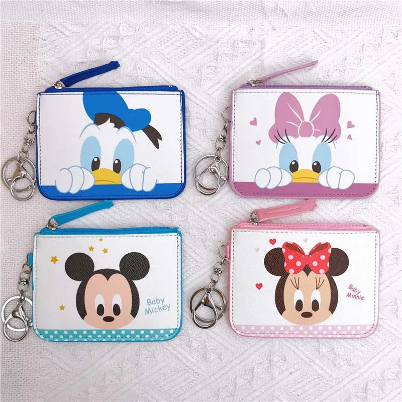 High Quanlity Cartoon Mickey Minnie PU Leather Card Holder Women Girls Zipper Change Purse Girls Mini Key Card Bag With Keychain