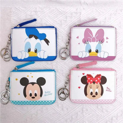 High Quanlity Cartoon Mickey Minnie PU Leather Card Holder Women Girls Zipper Change Purse Girls Mini Key Card Bag With Keychain