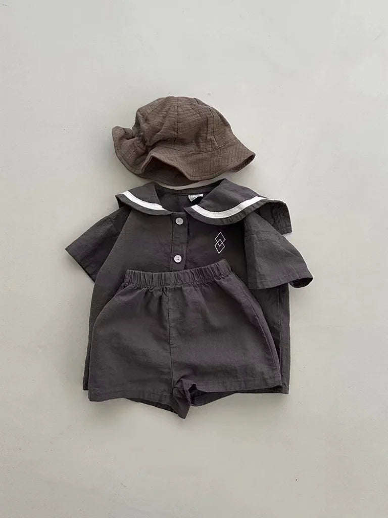 2025 Summer New Baby Short Sleeve Clothes Set Infant Boy Girl Casual Shorts Suit Toddler Navy Collar Geometry Patterns Outfits