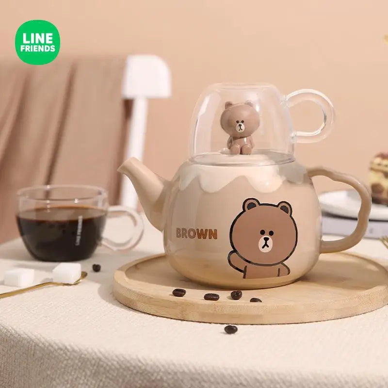 Anime Brown Bear Sally Cony 1000Ml Coffee Ceramic Pot with 2Pcs Glass Cup Kawaii Home Office Large Capacity Water Bottle Teapot