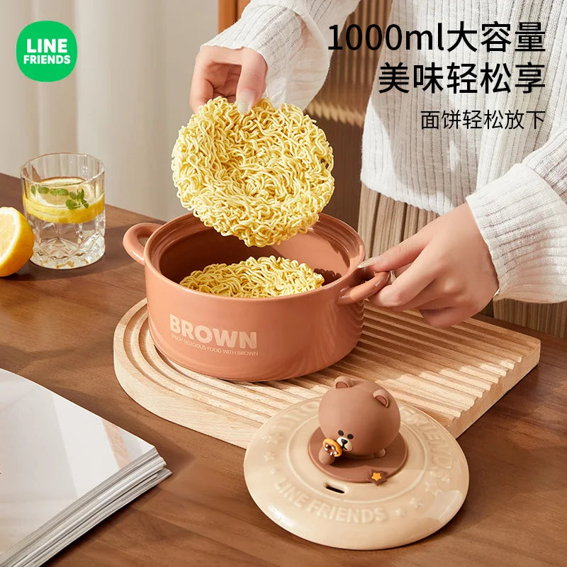 LINE FRIENDS Double Ear Instant Noodles Bowl for Home Dining Dormitory Student Rice Bowl Dish Ceramic Soup Bowl Dormitory Bowl