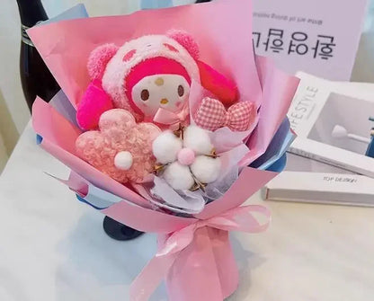 Cartoon My Melody Kuromi Cinnamoroll Kt Cat Plush Doll Holding Flower Bouquet Valentine's Day Christmas Graduation Birthday Gift