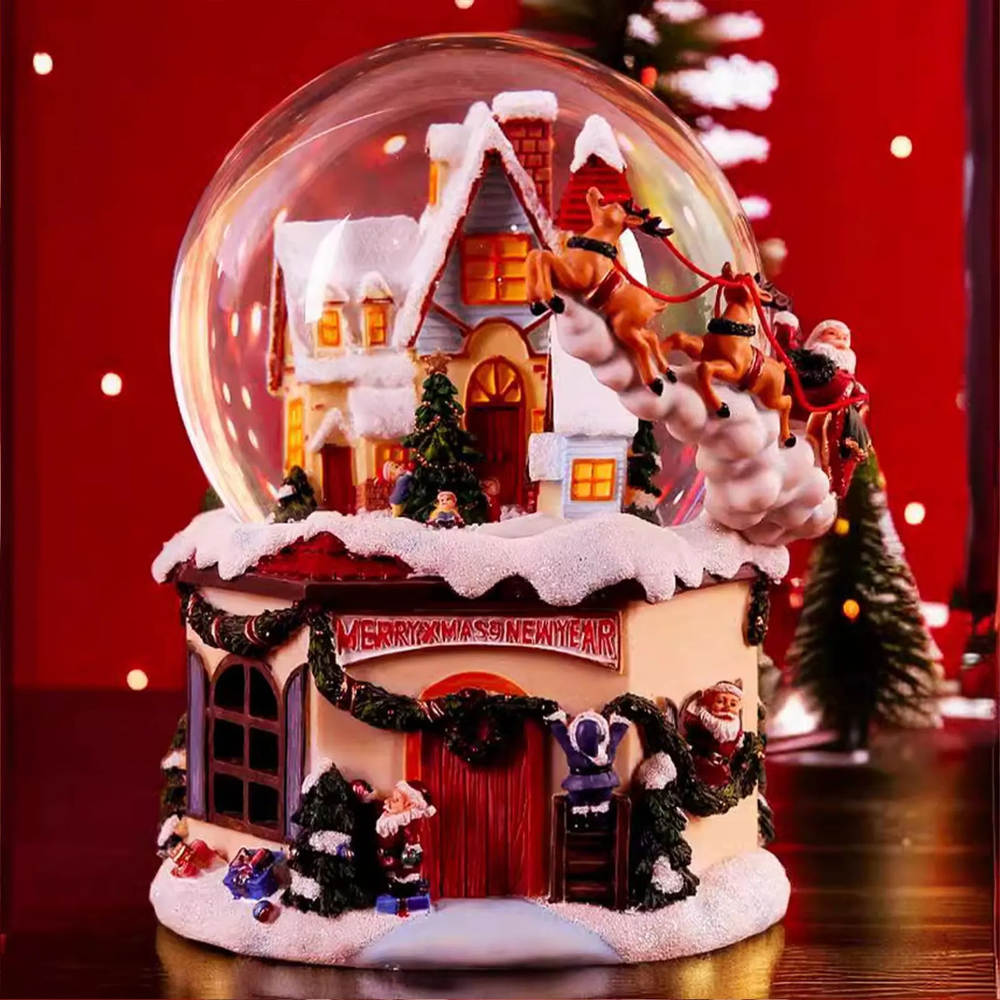 Xmas Musical Box Decorative Collectables with Illuminating LED Lights Christmas Snow Globe for Bedroom Table Indoor Home Party