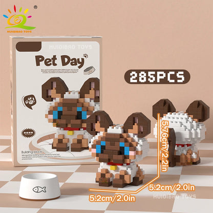 HUIQIBAO MINI Working Cat Pet Dog Micro Model Building Block Set Kids City Cartoon Animal Diamond Bricks Educational Toys Adult