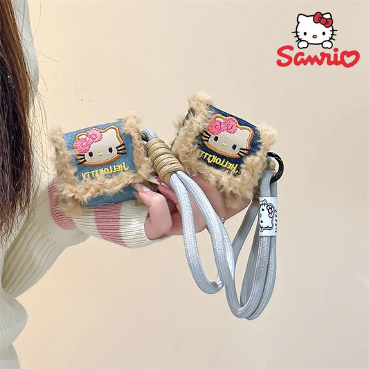 Cartoon Hello Kitty Earphone Protective Case Anime Cute Cowboy Plush Fur Embroidery Hanging Rope Suitable For Airpods Girls Gift