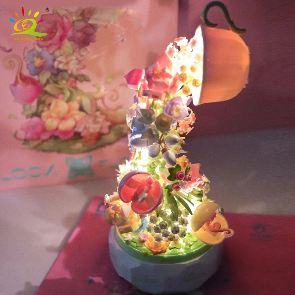 HUIQIBAO 575PCS Romantic Flower Lighting Music Box Building Blocks Home Decor Anime Creative Toy Child Adults Christmas Gifts