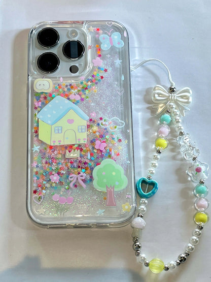 Shiny blingbling Quicksand glitter ins family bow cute bracelet phone case for iphone 11 12 13 promax 14 15 16 pro max cover