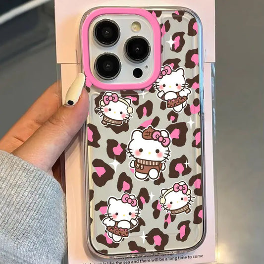 Sanrio Hello Kitty Pink Leopard Print Phone Case For iPhone 15 14 13 12 11Pro Max 78Plus XR XS MAX Y2K Girl Anti Fall Back Cover