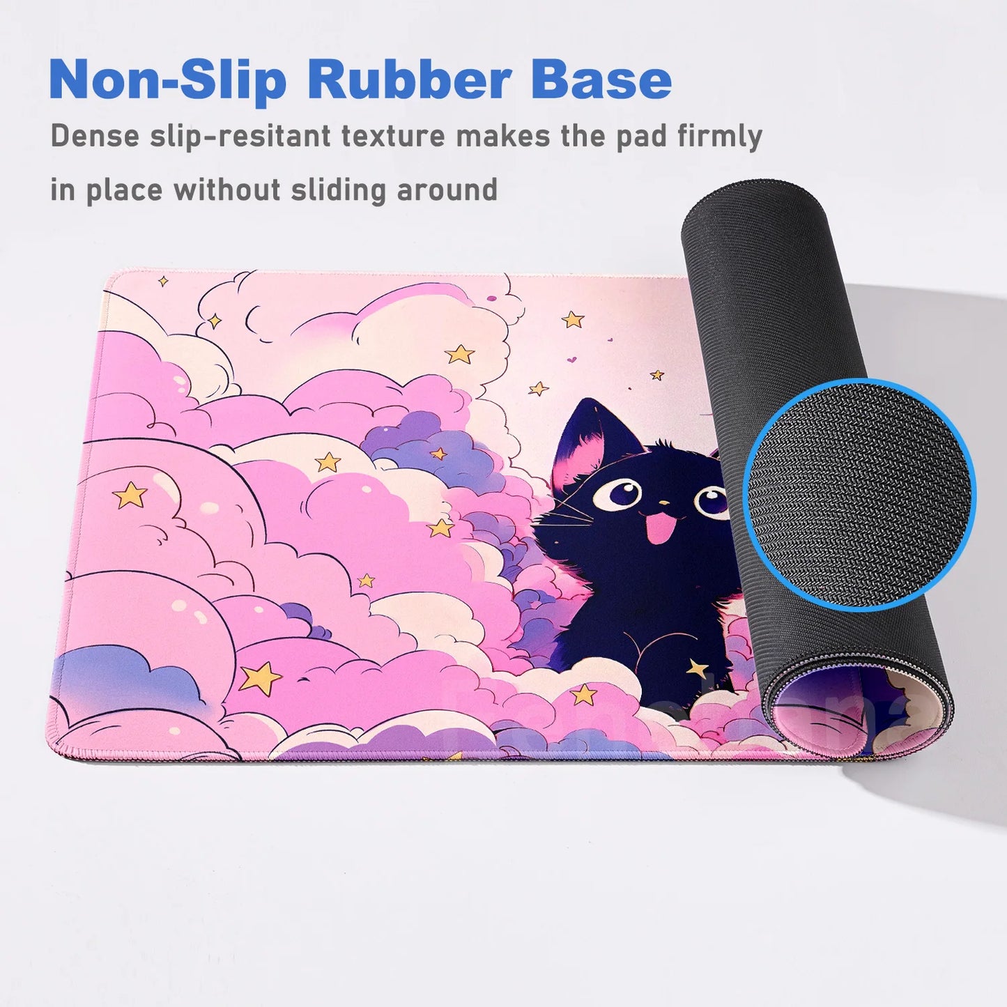 The Black Cat on the Clouds Keyboard Mouse pad Kawaii Art style patterns Pink Desk Mat PC Gamer Rug Office Carpet Home Table pad