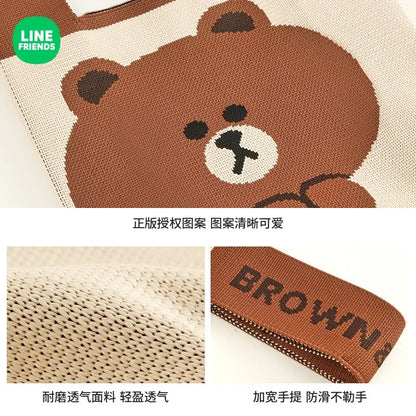 LINE FRIENDS Cony Brown Anime Kawaii Large Capacity Bag Women Work Coin Storage Wrist Bag Cartoon Shoulder Knitted Handbag Gift