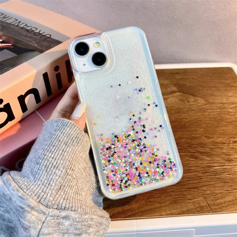 Colorful Star Hearts Quicksand Case Cover for iPhone 13 14 15 16 Pro Max Clear Moving Sand Sequins Liquid Soft Paillettes Coque