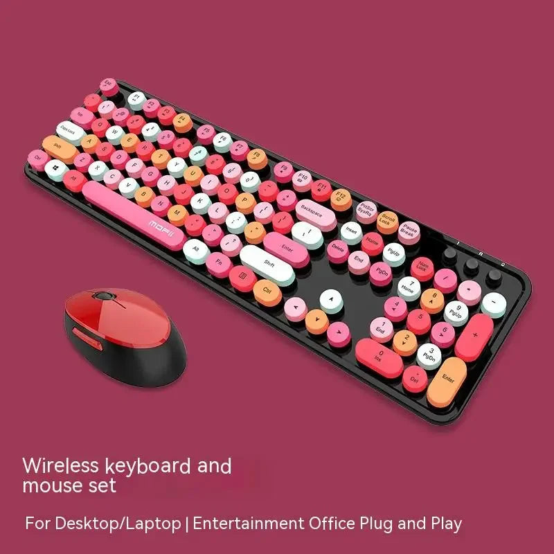 Sweet Wireless Keyboard and Mouse Set for Girls Office Typing Mechanical Hand Feel Keyboard Retro Rainbow