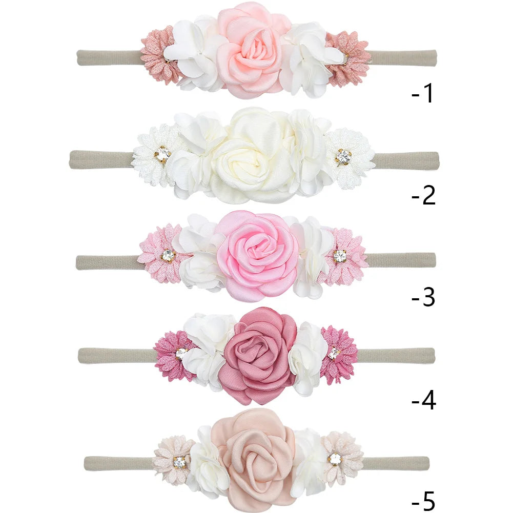 5Pcs/Lot Artificial Flower Baby Headband Newborn Boys Girls Fake Floral Nylon Hair Bands Princess Rhinestone Hair Accessories