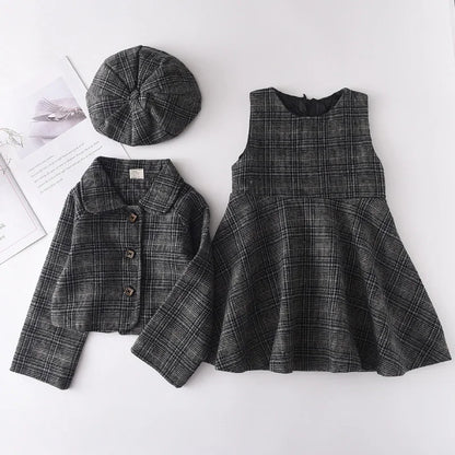 Menoea  Clothes Set Spring Autumn Plaid Vest Dress Retro Outwear Coat 2 Pcs Fashion Baby Party Dress with Bag Outfits